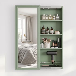 May include: A sage green, wall-mounted vanity mirror with an integrated storage cabinet. The cabinet is filled with beauty products, including perfumes, skincare, makeup brushes, and a hairdryer. The mirror reflects a bedroom scene.