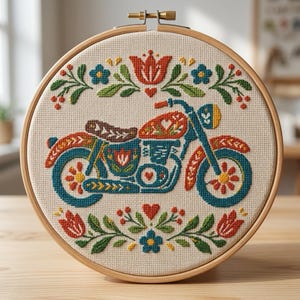 May include: A circular wooden embroidery hoop containing a cross-stitch design of a motorcycle in blue, red, and orange. The motorcycle is surrounded by symmetrical floral motifs, leaves, and small hearts on a light beige fabric background.