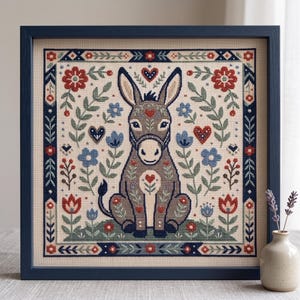 May include: A framed cross-stitch embroidery featuring a central gray donkey surrounded by red and blue flowers, green leaves, and small hearts. The design is enclosed in a decorative geometric border, all set within a dark blue wooden frame.