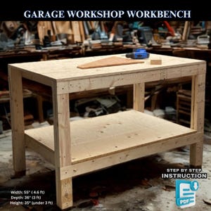 DIY Garage Workshop Workbench Plans with Guide Book - Work Benches Woodcraft, Space Saver Workbench Blueprints, Carpenter PDF Plan for Table