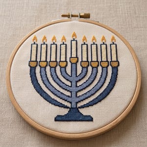 May include: A cross-stitch embroidery of a blue menorah with nine lit candles, featuring yellow and orange flames, centred on a light beige fabric canvas held within a circular wooden embroidery hoop with a metal tightening screw at the top.