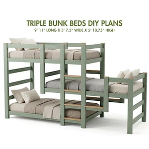 May include: A triple bunk bed DIY plan with a sage green frame and light-colored bedding. The bed is 9 feet 11 inches long, 3 feet 7.5 inches wide, and 5 feet 10.75 inches high. The text "TRIPLE BUNK BEDS DIY PLANS" is at the top.