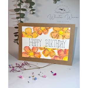 Cartão de feliz aniversário pintado à mão - Cartão com design floral laranja - Cartão tamanho A6 e envelope - esta é uma pintura original, não uma impressão