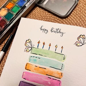 Tarjeta de felicitación con obra de arte original pintada a mano: pastel y vela con mariposas, tarjeta de cumpleaños, pintura de acuarela