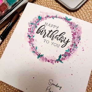 cartão de felicitações com arte original pintada à mão - cartão de aniversário floral pintura em aquarela (não impressa - arte original) flores roxas lilás