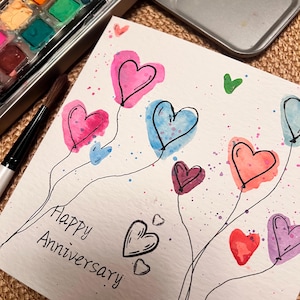 Tarjeta de felicitación con obra de arte original pintada a mano: tarjeta de aniversario con globo y corazón de amor, pintura de acuarela (no impresa, arte original)