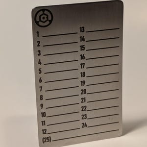 Könnte beinhalten: Eine rechteckige, silberfarbene Metallkarte mit einer Reihe nummerierter horizontaler Linien. Die Zahlen reichen von 1 bis 24, mit (25) unten. Ein kreisförmiges Logo befindet sich in der oberen linken Ecke. Die Karte ist leicht angewinkelt.