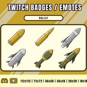 Könnte beinhalten: Digitalgrafik mit sechs Kugel- und Raketendesigns für Twitch-Badges und Emotes. Die Designs umfassen goldene und silberne Kugeln sowie Raketen in Silber, Grün und Gold. Der Text oben lautet "TWITCH BADGES / EMOTES" und "BULLET".
