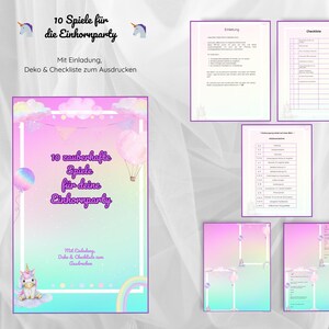 Eenhoornfeestje om af te drukken | 10 spelletjes met beschrijving, uitnodiging, plaatskaarten + versiering, PDF voor kinderverjaardagen van 4-6 jaar | Direct downloaden