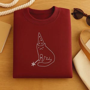 Cute Wizard Cat Embroidered Sweatshirt – Funny Magical Cat Shirt, Witchy Hoodie or T-Shirt Gift for Cat Lovers, Custom Embroidery Option