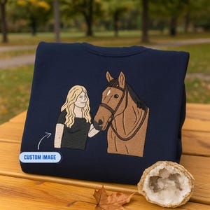 Custom Horse and Owner Portrait Sweatshirt – Embroidered Photo Sweatshirt, Personalized Hoodie, T-Shirt Gift for Equestrian & Animal Lovers