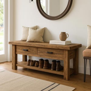 Solid Wood Entryway Bench with Storage, Rustic Wooden Hallway Bench with Drawers and Shelf for Shoes, Pillows, and Home Decor