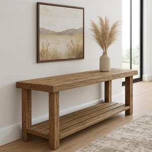 Solid Wood Rustic Bench with Lower Shelf, Farmhouse Entryway Seating for Hallway, Living Room, or Mudroom Organization