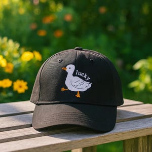 Lucky Duck Embroidered Hat – Funny Goose Baseball Cap or Wash Cap – Cute Animal Dad Hat, Bird Lover Gift, Nature Inspired Headwear