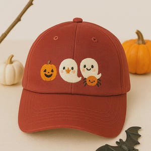 Halloween Embroidered Hat – Cute Ghost Pumpkin Spider Design – Adjustable Baseball Cap, Wash Cap, 2-Tone Cap for Spooky Fall Vibes