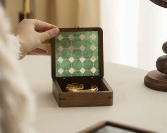 Custom Small Walnut Jewelry Box with Colored Glass Lid, Necklace & Ring Organizer - Anniversary Keepsake