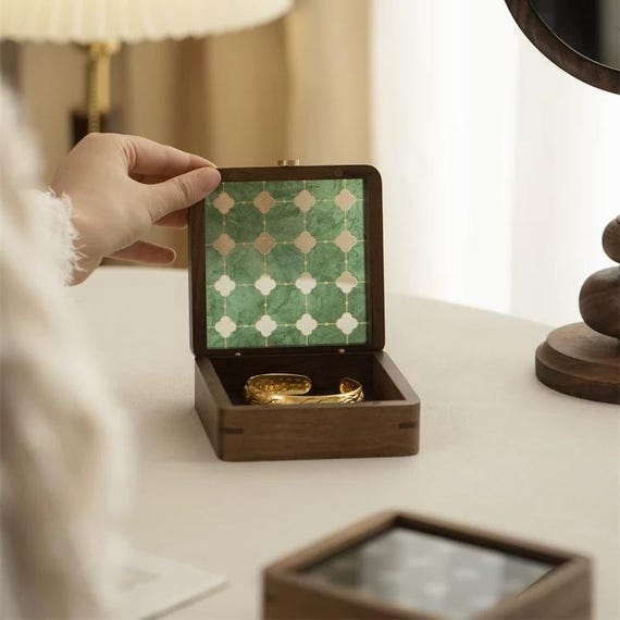 Custom Small Walnut Jewelry Box with Colored Glass Lid, Necklace & Ring Organizer - Anniversary Keepsake