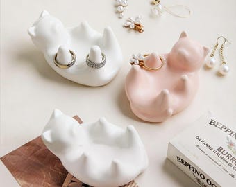 Porta-anéis de cerâmica para gatos, bandeja para brincos, prato minimalista para joias, presente de aniversário e Natal