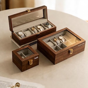 Custom Walnut Watch Box, Glass Lid Watch Case for Men, Gift for Dad Husband Boyfriend Groomsmen