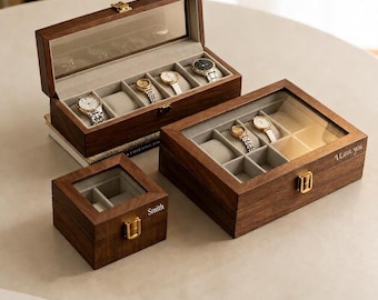 Custom Walnut Watch Box, Glass Lid Watch Case for Men, Gift for Dad Husband Boyfriend Groomsmen