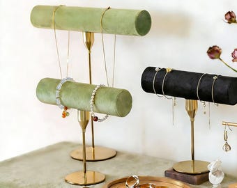 Gold Metal Jewelry Stand - Velvet Bracelet & Necklace Holder - Boutique Display Pro - T-Bar Organizer Gift for Her