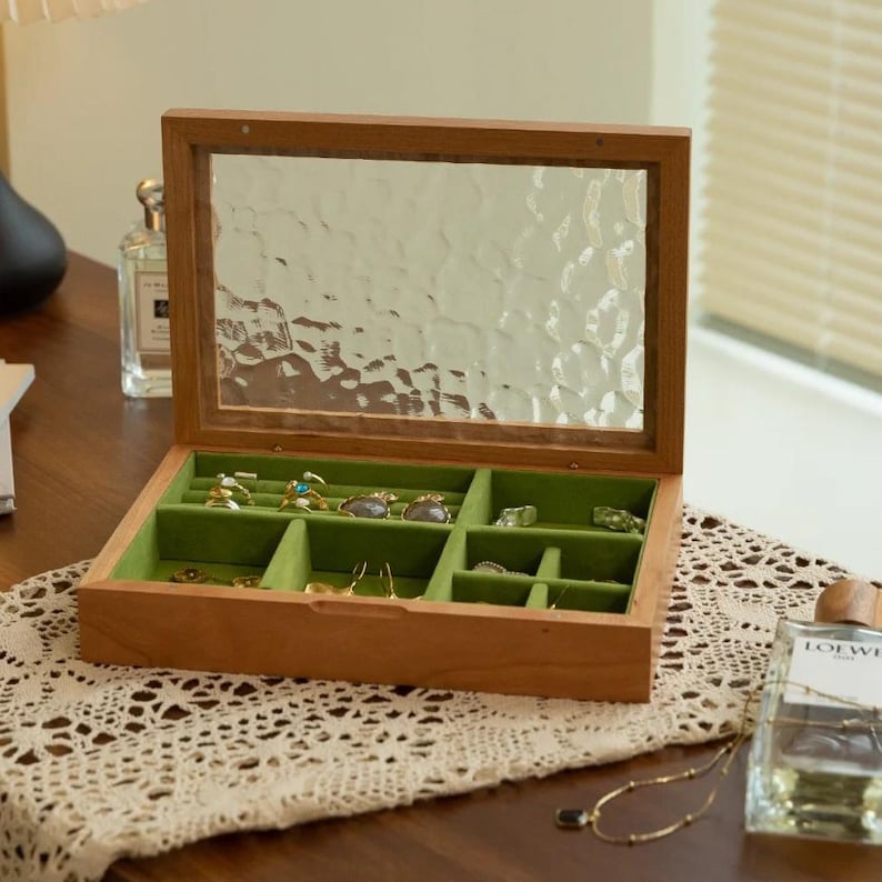 Engravable Wooden Jewelry Box - Vintage Glass Top with Brass Accents, Ring Organizer - Bridesmaid Keepsake, Mother's Day Gift For Her No engrave