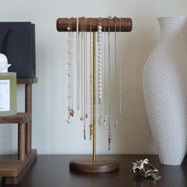 Walnut Necklace Stand & Bracelet Holder, Wooden Jewelry Display Organizer for Boutique or Vanity, Gift for Her
