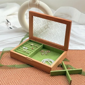 Vintage Cherry Wood Jewelry Box: Engraved Brass, Glass Top Ring Organizer