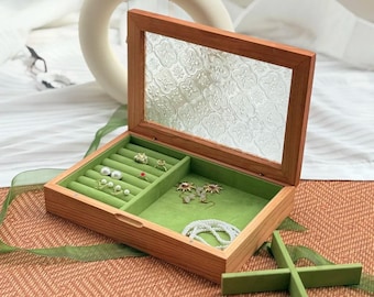 Vintage Cherry Wood Jewelry Box: Engraved Brass, Glass Top Ring Organizer