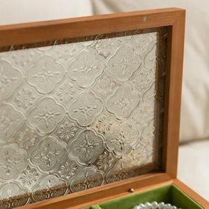 Engravable Wooden Jewelry Box - Vintage Glass Top with Brass Accents, Ring Organizer - Bridesmaid Keepsake, Mother's Day Gift For Her image 4