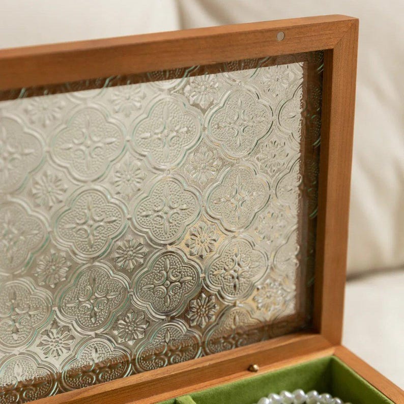 Engravable Wooden Jewelry Box - Vintage Glass Top with Brass Accents, Ring Organizer - Bridesmaid Keepsake, Mother's Day Gift For Her image 4