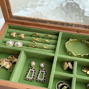 Engravable Wooden Jewelry Box - Vintage Glass Top with Brass Accents, Ring Organizer - Bridesmaid Keepsake, Mother's Day Gift For Her image 3