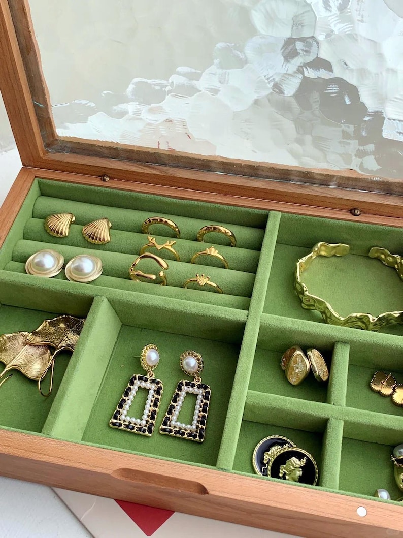 Engravable Wooden Jewelry Box - Vintage Glass Top with Brass Accents, Ring Organizer - Bridesmaid Keepsake, Mother's Day Gift For Her image 3
