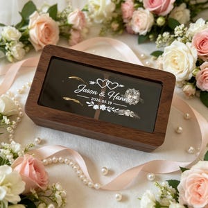 Personalized Walnut Four Slot Ring Box with Clear Lid, Wedding Ring Bearer Box, Engagement Proposal Keepsake, Wedding Day Flat Lay