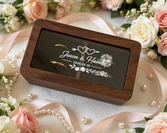 Personalized Walnut Four Slot Ring Box with Clear Lid, Wedding Ring Bearer Box, Engagement Proposal Keepsake, Wedding Day Flat Lay
