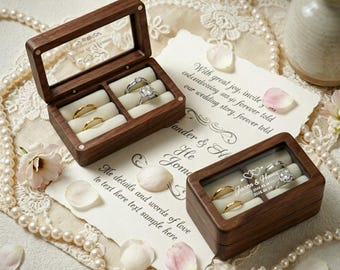 May include: Two rectangular walnut wood ring boxes with clear glass lids, each featuring two slots with cream-colored velvet inserts. One box is open, and one is closed, both displaying gold and silver rings. The glass lids are engraved with "Jason & Hana".