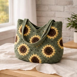 Patrón de bolso de ganchillo cuadrado con diseño de girasoles para principiantes (PDF) - Descarga digital