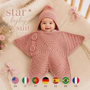 Modèle de gigoteuse bébé étoile au crochet (PDF) – Cocon à capuche et couverture étoile pour nouveau-né, 0-6 mois – Téléchargement numérique facile pour débutants
