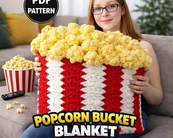 Popcorn Bucket Blanket Crochet Knit Pattern, Movie Night Decor (PDF Download)