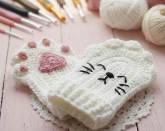 Winter Cat Paw Fingerless Gloves Crochet Pattern | Cozy Textured Kawaii Mittens (PDF)
