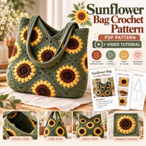 Sunflower Granny Square Crochet Tote Bag Pattern (PDF Download) + Video Tutorial