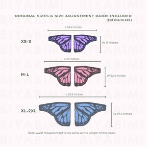 May include: A size chart for butterfly wings featuring three pairs in purple, pink, and blue. Text includes ORIGINAL SIZES & SIZE ADJUSTMENT GUIDE INCLUDED, kid size to 4XL, and specific dimensions in inches for XS-S, M-L, and XL-2XL sizes.