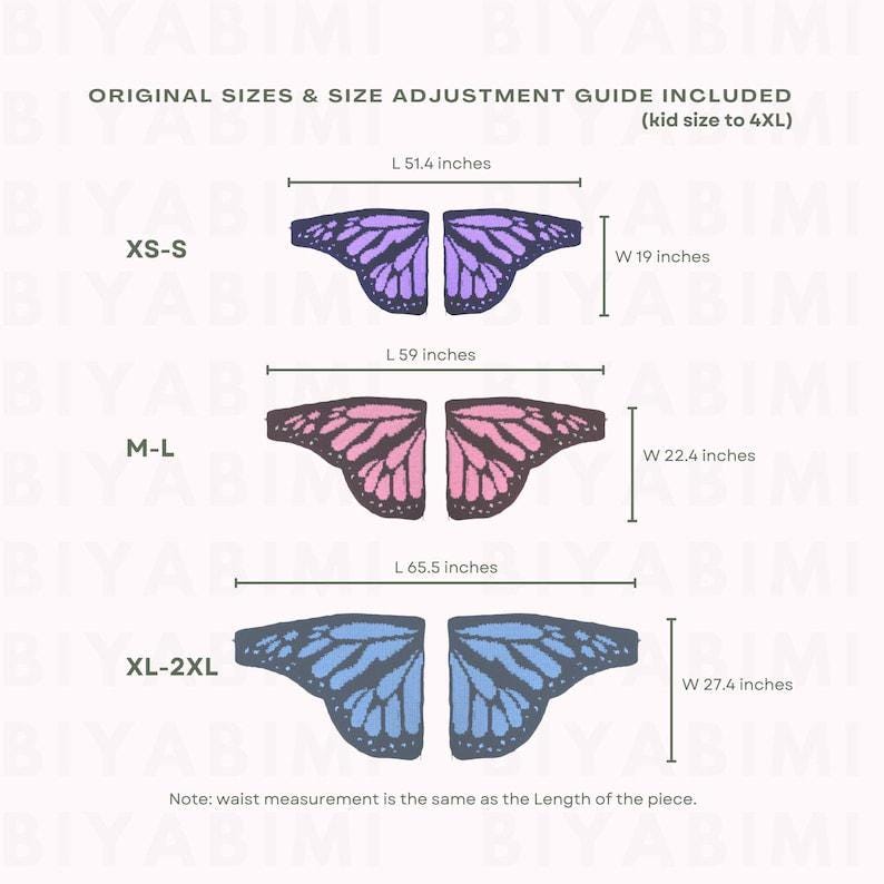 May include: A size chart for butterfly wings featuring three pairs in purple, pink, and blue. Text includes ORIGINAL SIZES & SIZE ADJUSTMENT GUIDE INCLUDED, kid size to 4XL, and specific dimensions in inches for XS-S, M-L, and XL-2XL sizes.