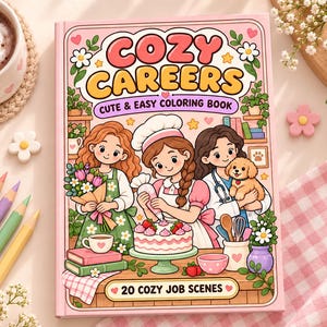 May include: A rectangular coloring book titled Cozy Careers Cute & Easy Coloring Book 20 Cozy Job Scenes. The cover features a colorful illustration of three individuals in different professions, including a florist, a baker, and a veterinarian.