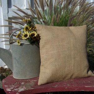 May include: A brown burlap pillow with a rustic texture sits on a red wooden bench. A metal watering can with yellow flowers is in the foreground.