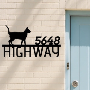 Custom Cat Address Sign, Personalized Metal House Number Plaque with Cat Silhouette, Wall Sign for Porch or Entryway,Outdoor House Number