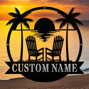 Custom Beach Palm Tree Sign,Beach House Metal Sign,Tropical Patio or Pool Sign,Family Beach House Sign,Beach Sunset Wall Art,Backyard Sign