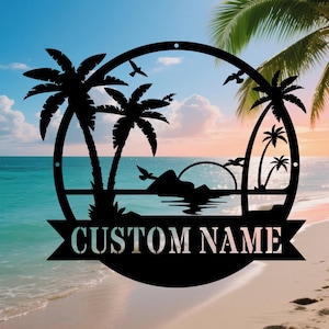 Custom Beach Palm Tree Sign, Summer Beach House Sign Decor, Custom Name Beach Sign, Sunshine Palm Tree Pool Sign,Beach Sunset Wall Art, Gift