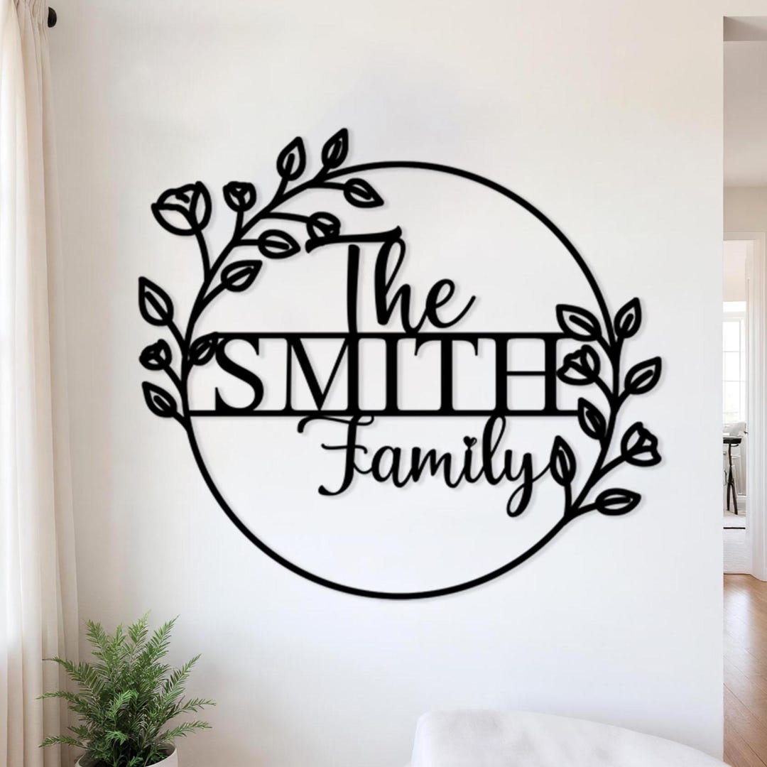 Personalized Family Name Metal Sign, Floral Wreath Last Name Wall Art ...