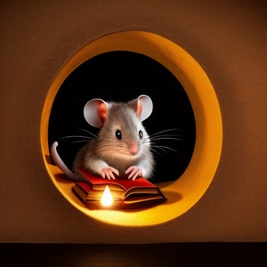 9 cute mouse reading a book in a mouse hole graphics, mouse digital art - 9 JPG files for: Printing, Clipart, Stickers or Crafting Projects.